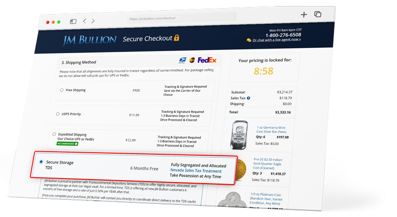 Storage option selected during the checkout option in JM Bullion for an order